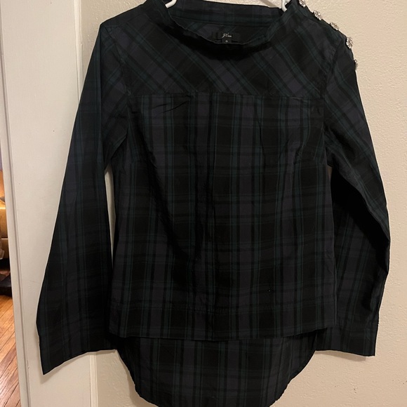 J. Crew Funnel Neck Black Watch Plaid Jewel Top sz 0 - Picture 3 of 7